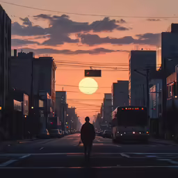 an old man walking down the road in front of a bus