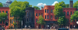 a painting of buildings in front of a blue sky with a lot of green trees