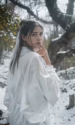 a woman is standing in the snow holding her nose to her hand
