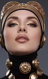 the woman has golden necklaces and headphones