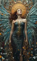 a woman with wings and wearing a green dress standing