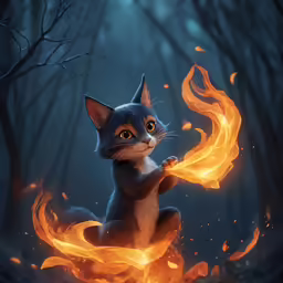 a cat in the forest on fire, on a dark background