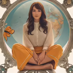 a woman sitting on top of a table wearing a skirt