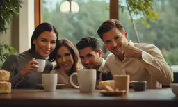 three smiling people drinking coffee at a table