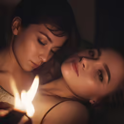 a woman is holding a candle that she is laying on