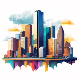 digital painting of city skyline with colorful buildings on the side of it