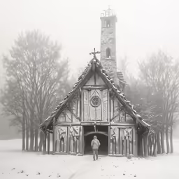 man in front of rustic building during winter