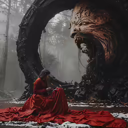 a creepy monster with teeth and blood, sitting in the woods