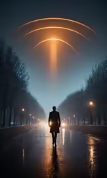 a man walking down a wet road under a cloudy sky
