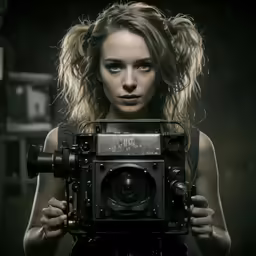 a woman holding an old film camera