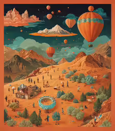 a painting of an expanse in the desert with many hot air balloons flying over it,a picture of an outside town where people are enjoying the view of some sort of distant sky