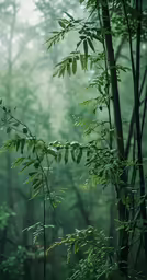 the forest is misty with lots of small leaves