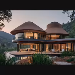modern architecture on a hillside overlooking a pool