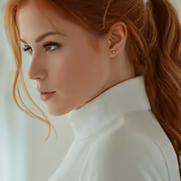 a woman with frizzy hair looks into the distance