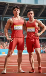 two men in red uniforms posing for a photo