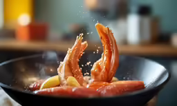 some food is being tossed in a pan