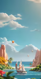 a painting of an ocean with a sailboat and balloon floating in the sky