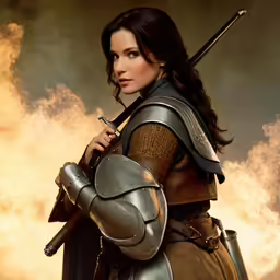 a woman dressed in armor holding two swords