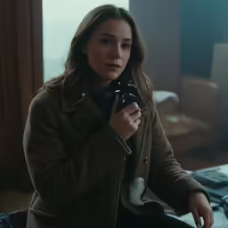 a young lady sitting down in her living room holding a camera