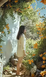 a person is standing by a plant filled house