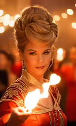 woman holding candles in front of her face