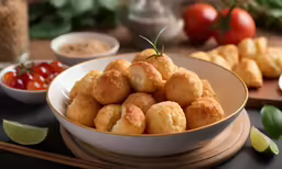 several bowls filled with small fried food items