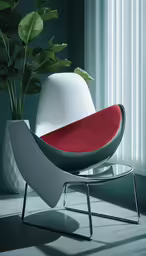 a chair is positioned near a potted plant