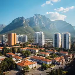 several high rise apartments next to mountains in the background
