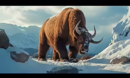 a brown bison standing in the snow with mountains in the background