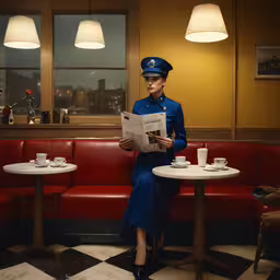 woman reading the newspaper in a coffee shop,a flight attendant reading a paper while sitting in a restaurant