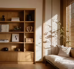 a wood bookcase with books and pillows, a couch and window