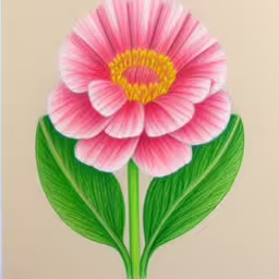 a pink flower with green leaves painted on the paper,a pink flower with green leaves and a white background,a flower painted on a beige background,a pink flower is shown with green leaves,an artistic flower painting in pastel and pencil