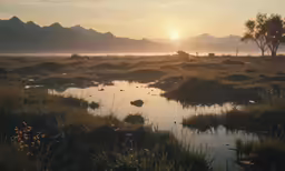 the sun rises over a valley filled with vegetation