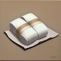 two rolls of white tissue on a white piece of paper,three rolled rolls of paper sitting on top of each other