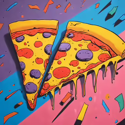 a slice of pizza on top of a pink, purple and blue surface
