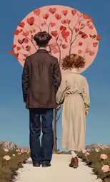 two people that are standing in front of a heart tree