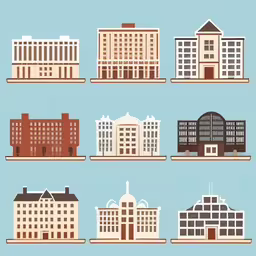 four rows of city buildings in flat style,a collection of flat buildings all of them have brown roofs and white windows