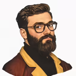 the man has a beard and glasses on his head