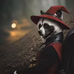 a black and white dog wearing a red hat on the back of a bag