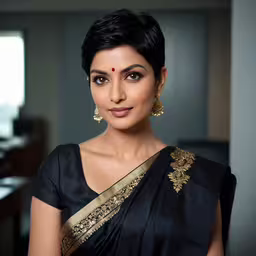a very beautiful woman wearing a black and gold saree