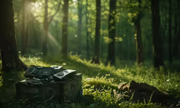 a suitcase sitting in the middle of some green grass