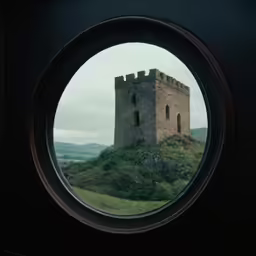 an round window shows a castle on top of the hill