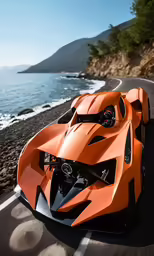 an orange sports car traveling down a road near the ocean
