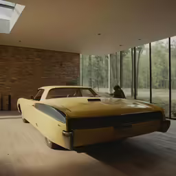 this old yellow muscle car is in a large room with windows and hard wood flooring