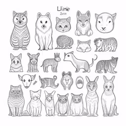 some cats and kittens by person,different types of cats in black and white, one in grey and the other in black,various cats drawn in one line on white paper,line drawing of cat and animal heads and all their species,cats line up on white paper and the name of each animal