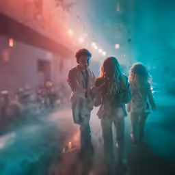 three children walking down a street at night