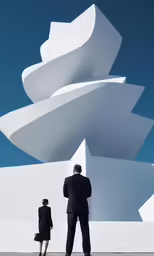 two men standing in front of a white structure