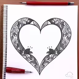 the drawing has a heart made up of birds,a paper with an artistic heart shaped design and markers on the side