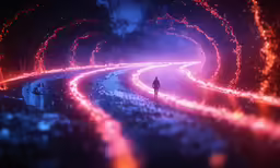 a person walks in a purple tunnel next to a blue sky