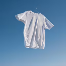 a white tee shirt hangs from a clothes line